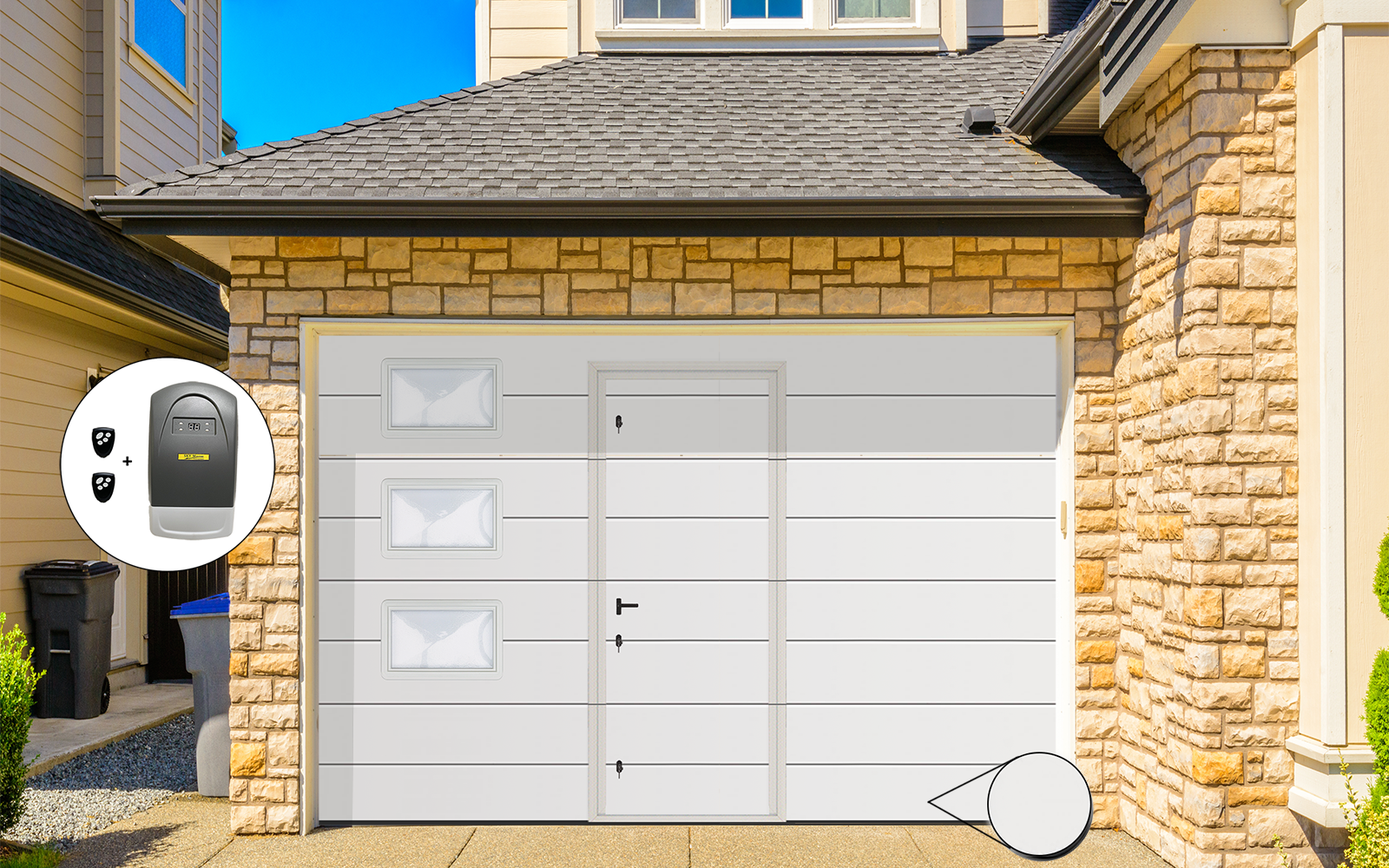 Porte de garage sectionnelle mono ligne 3000 x 2000 avec portillon et hublots (3)